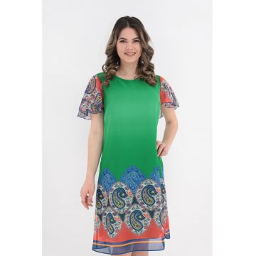 Rochie lejera din voal verde cu bordura multicolor