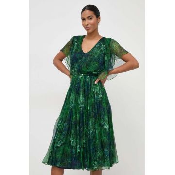 Nissa rochie de mătase culoarea verde, midi, evazați RC14784