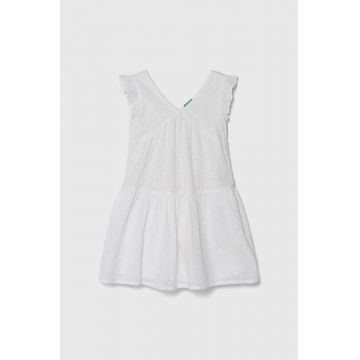 United Colors of Benetton rochie din bumbac pentru copii culoarea alb, mini, evazati