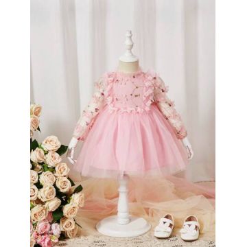 Rochie mini cu aplicatii florale si tull, roz