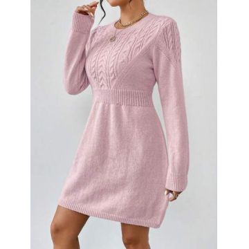 Rochie mini cu maneca lunga si model tricotat, roz, dama