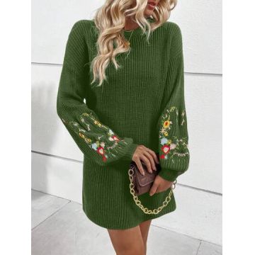 Rochie mini din tricot, cu maneci lungi si aplicatii broderie, verde, dama, Shein