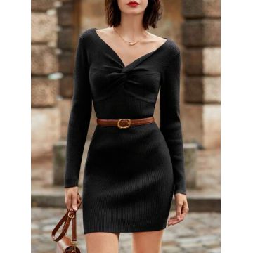 Rochie mini stil pulover, cu decolteu si maneci lungi, negru