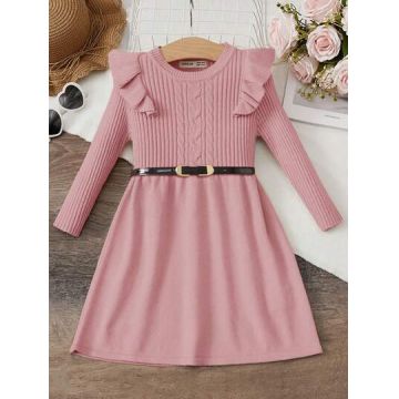 Rochie midi din tricot, cu volane, roz, fete, Shein