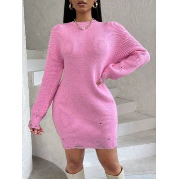 Rochie mini din tricot, cu maneca lunga, roz, dama, Shein