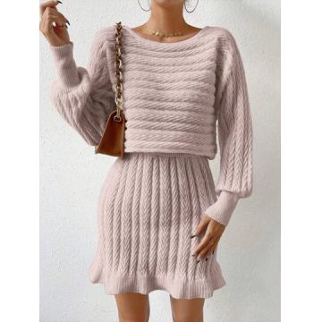Rochie mini din tricot, cu talie elastica, roz, dama, Shein
