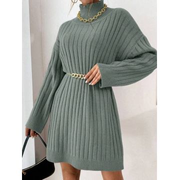 Rochie mini din tricot, cu guler si maneca lunga, verde, dama, Shein