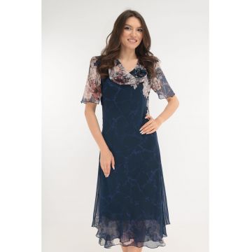Rochie eleganta din voal bleumarin cu print floral bej