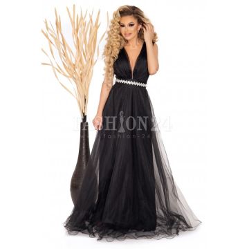 Rochie Ely neagra lunga cu tull si decolteu in V