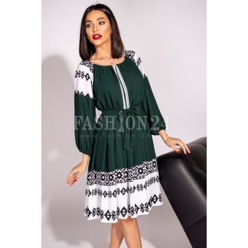 Rochie Gabriela traditionala in doua nuante verde si alb