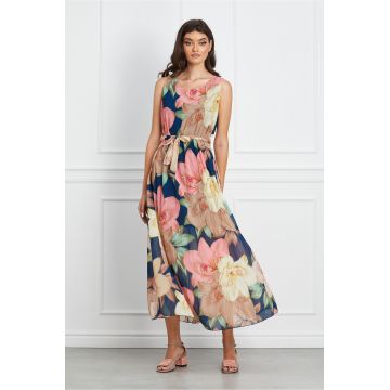 Rochie Andreea din voal plisat bleumarin cu flori