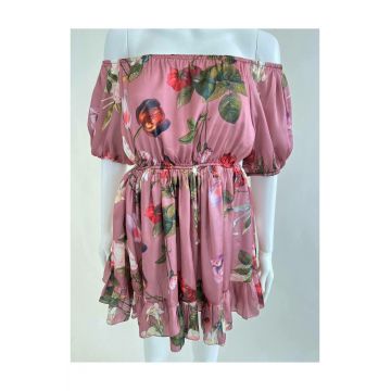 Rochie Dama de Zi, cu Elastic in Talie, Maneci Bufante si Volan, Imprimeu Floral, Olympia, pe Fond Roz