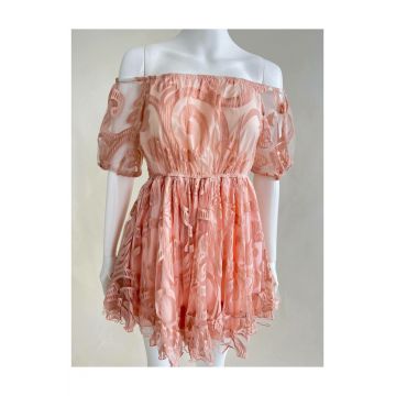 Rochie de Dama, cu Dublura si Maneci Scurte Bufante, Macarena, Roz Somon