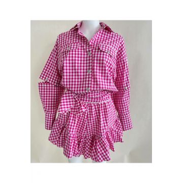 Rochie de Dama, cu Inchidere Nasturi si Maneci Detasabile, in Carouri Mici, Firuze, Roz