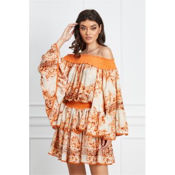 Rochie Diana orange cu imprimeuri si volane maxi