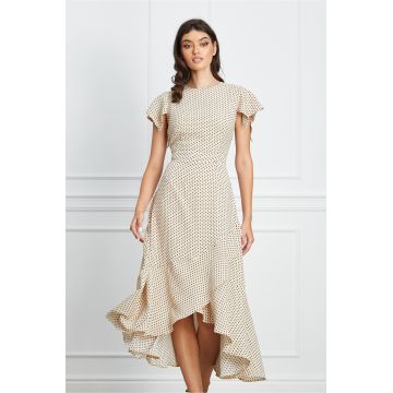 Rochie Dy Fashion bej cu buline negre si volan la baza