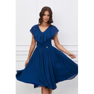 Rochie Dy Fashion bleumarin din voal cu volanas la bust