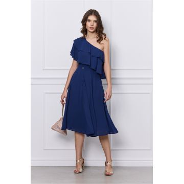 Rochie Dy Fashion bleumarin pe un umar cu volanas la bust