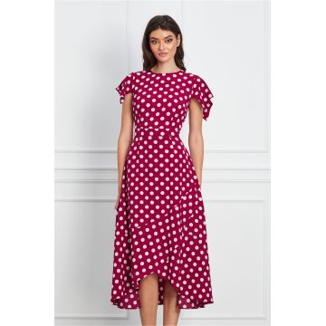 Rochie Dy Fashion bordo cu buline albe si volan la baza