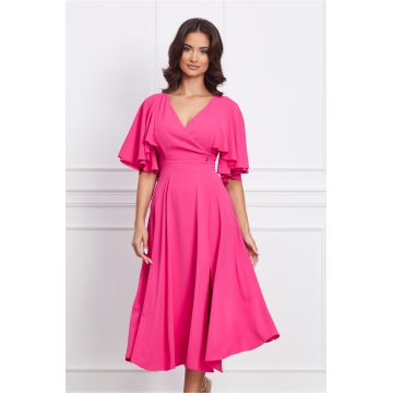 Rochie Dy Fashion fucsia cu maneca dubla si crepeu