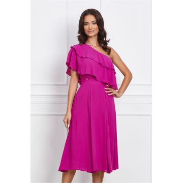 Rochie Dy Fashion fucsia pe un umar cu volanas la bust