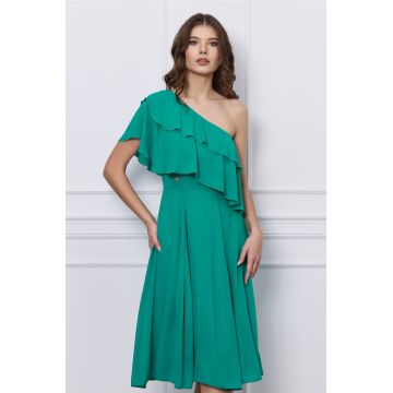 Rochie Dy Fashion verde pe un umar cu volanas la bust