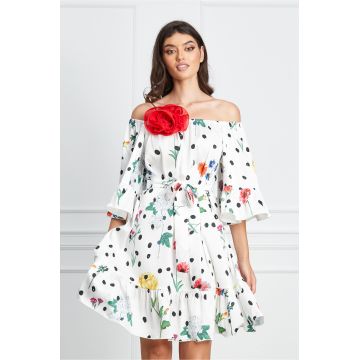 Rochie LaDonna alba din satin cu buline si imprimeu floral