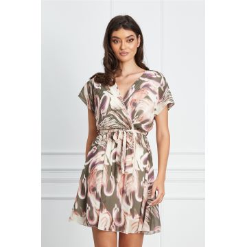 Rochie Marina din voal kaki cu imprimeuri ivory si cordon in talie Rochie Marina din voal kaki cu imprimeuri ivory si cordon in talie