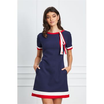 Rochie MBG bleumarin cu buzunare si snur la baza gatului