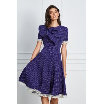 Rochie MBG bleumarin cu imprimeu punctat si dantela la baza
