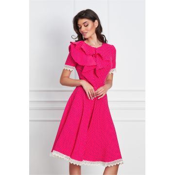 Rochie MBG fucsia cu imprimeu punctat si dantela la baza