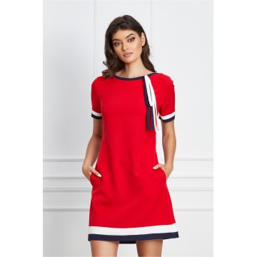 Rochie MBG rosie cu buzunare si snur la baza gatului