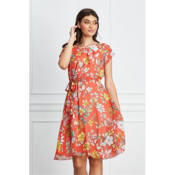 Rochie Missa caramizie cu imprimeu floral si buline in relief