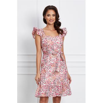 Rochie Moze alba cu imprimeu roz si cordon in talie