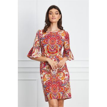 Rochie Moze rosie cu imprimeu floral colorat si buzunare