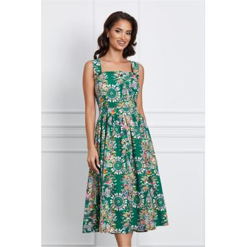 Rochie Moze verde cu imprimeu multicolor si bretele late