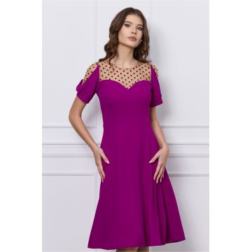 Rochie Moze violet cu buline catifelate la decolteu