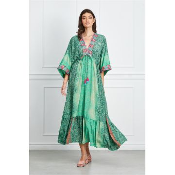 Rochie Samira turcoaz cu imprimeuri si ciucuri fucsia
