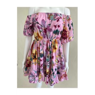 Rochie Scurta de Dama, cu Maneci Scurte si Elastic in Talie, cu Imrpimeu Floral, Amedea, pe Fond Roz
