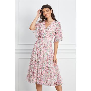 Rochie Teresa alba cu imprimeu floral roz