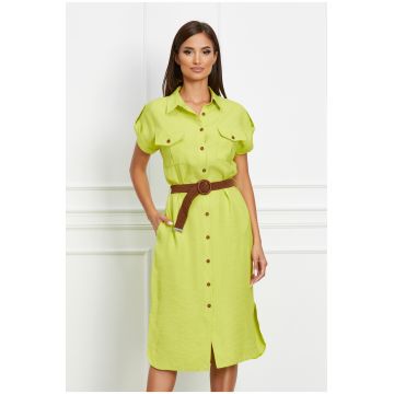 Rochie Bianca tip camasa verde crud cu nasturi si curea in talie