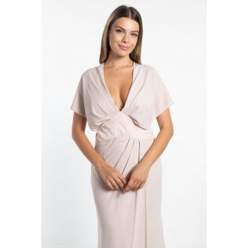Rochie dama lunga roz pudrat cu crapatura si nasturi S (36)