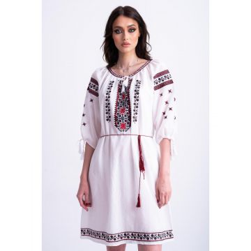 Rochie dama tip ie traditionala din bumbac alb cu broderie rosie L (40)