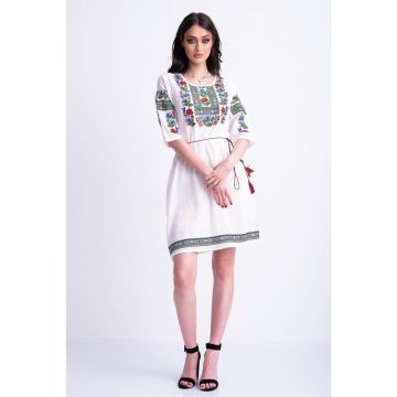 Rochie dama tip ie traditionala din bumbac alb cu model brodat multicolor S (36)