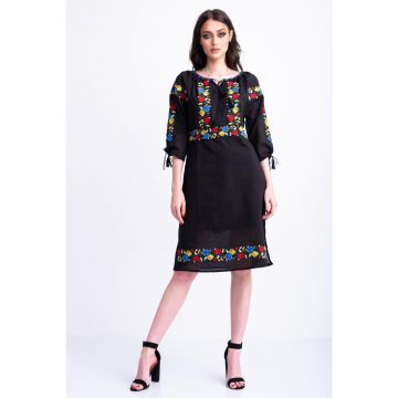 Rochie dama tip ie traditionala din bumbac negru cu broderie florala multicolora S (36)