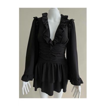 Rochie de Dama, cu Volane si Maneci Lungi, Layla, Neagra