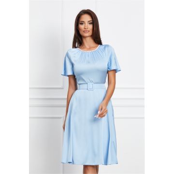 Rochie Dy Fashion bleu cu aplicatii stralucitoare la baza gatului si curea