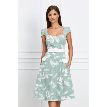 Rochie Dy Fashion verde mint cu imprimeu floral alb si curea in talie