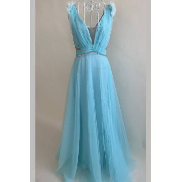Rochie Eleganta de Dama, Fara Maneci, Accesorizata cu Pietre si Fulgi de Strut, Hope, Aqua