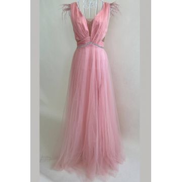 Rochie Eleganta din Tulle, Accesorizata cu Fulgi de Strut, Gunes, Roz